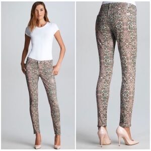 7 For All Mankind Beige Pink Green Snake Print Low-Rise Tapered Ankle Jeans, 29